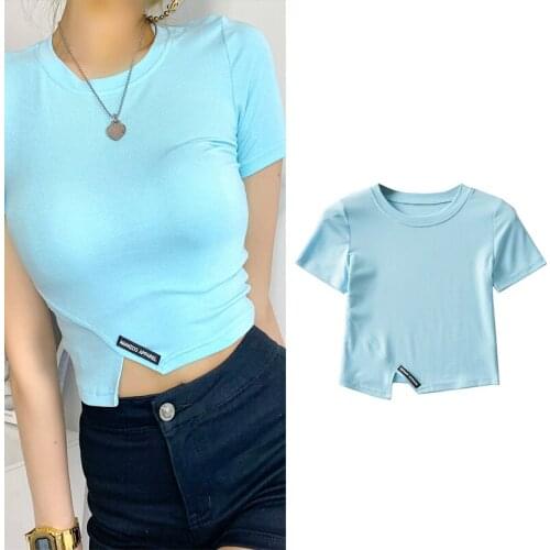 TRAF 2021 Za Woman Notched Hem T-shirt Short Sleeves Top Crop Summer High Street Fahsion Cut Out Slim Beach Blouse Tees PL236