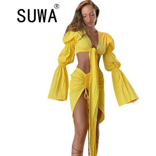 Women Autumn Yellow Personality Long Sleeve V-neck Strap Jacket Strap Pleated Bust Skirt Street Fashion Skirt Suit