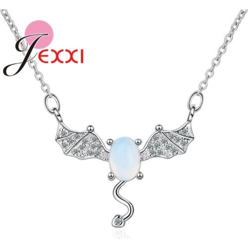 New Collection 100% 925 Sterling Silver Devil Wings Moonstone CZ Necklaces Pendant For Women Girls Lovely Fashion Silver Jewelry
