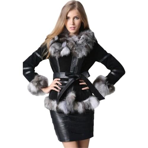 IANLAN Casual Winter Womens Real Fur Coats with Waistband Genuine Leather Jacket Silver Fox Fur Collar & Cuff Trimming IL00005