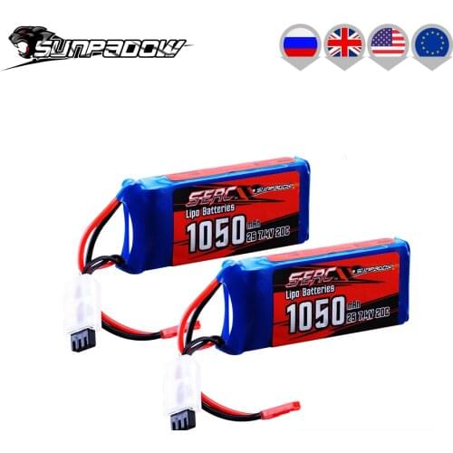 1/2PCS SUNPADOW 2S 1050mAh Lipo Battery 7.4V 20C with JST Plug for RC Airplane Quadcopter Helicopter Drone FPV Model Racing
