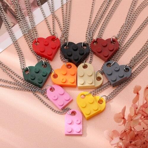 2 Pcs Personality Broken Heart Pendant Necklace Punk Silver Color Chains Lego Style Colorful Acrylic Short Necklace For Women