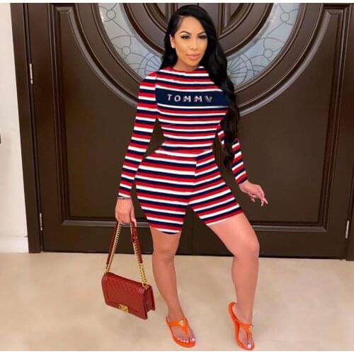 VAZN 2021 Top Quality Striped Soft Elastic Young Sexy Daily Sweet Simple Fashion Full Sleeve Top High Waist Skinny Playsuits