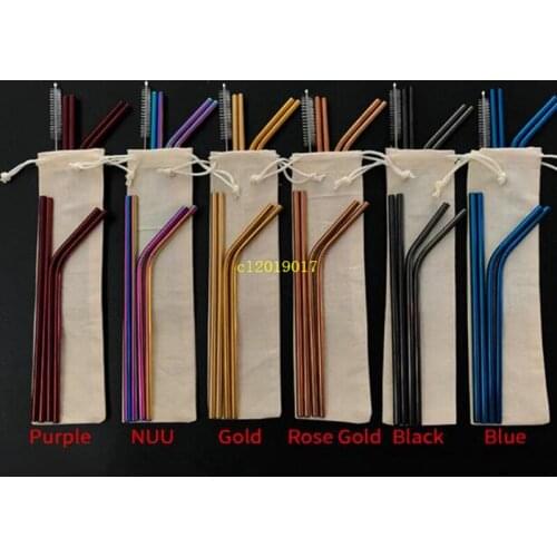 6 Colors Customized Bag Packing 4+1 Reusable Stainless Steel Drinking Straws Set Metal Straws Set with Cleaning Brush
