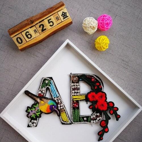 ABbird flower letter rhinestone beaded patches embroidered sew on patch applique jacket patches for clothes parches para la ropa