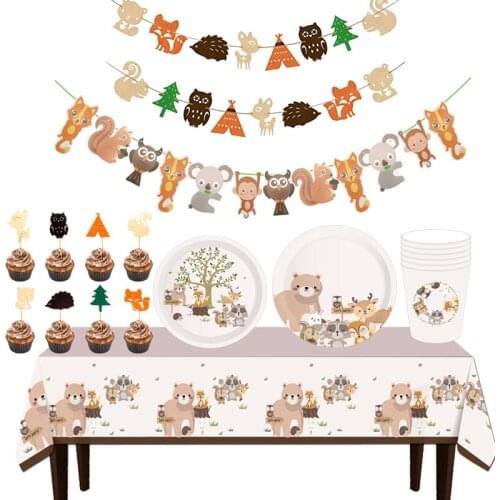 Woodland Animals Cupcake Topper Banner Disposable Tableware Birthday Party Decor Baby Shower Kids Safari Jungle Party Supplies
