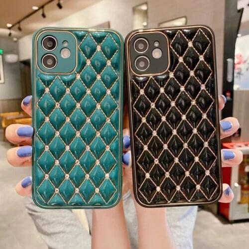 For iPhone 12 Pro Max Case 12 Mini 11 Pro Max Xs X Xr 10 Grid Lattice Soft Leather Cover for Women Golden Lines Diamonds Bling