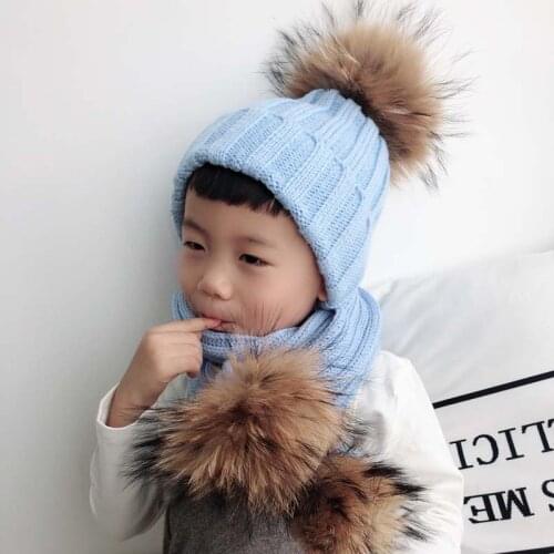 Kids Winter Hat Scarf Set Baby Warm Knitted Beanie Boys Girls Real Fur Pompom Hat For Children Winter Cap Skullies