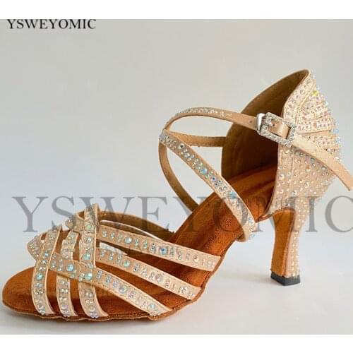 Girls Latin dance shoes Khaki Satin With Rhinestones Women Ballroom Salsa Dancing Shoes Thick Soft Sole Latin Shoes For Lady