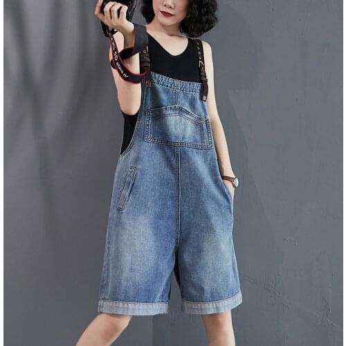 Casual Womens Summer Denim Playsuits Jeans 2021 Summer Vintage Buckle Strap Loose Female Washed Bleached Overalls Rompers Shorts
