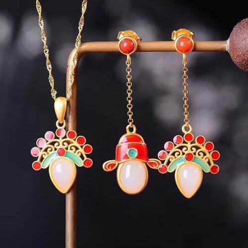 Natural Hetian Jade Sword Horse Dan Peking Opera Facial Makeup Stud Earrings S925 Sterling Silver Drop-Shaped Wedding Bridegroom