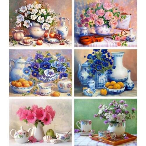 Canvas Size 5d Diamond Embroidery Cross Stitch Flower Pansy Full Square Diamond Painting Mosaic Vase Rose Needlework