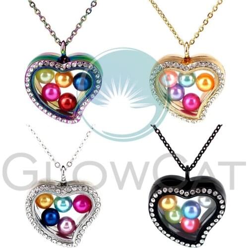Crystal Heart Pendant Necklace Glass Locket 50cm Steel Chain Necklace Pearl Cage Pendant for 8mm Pearl