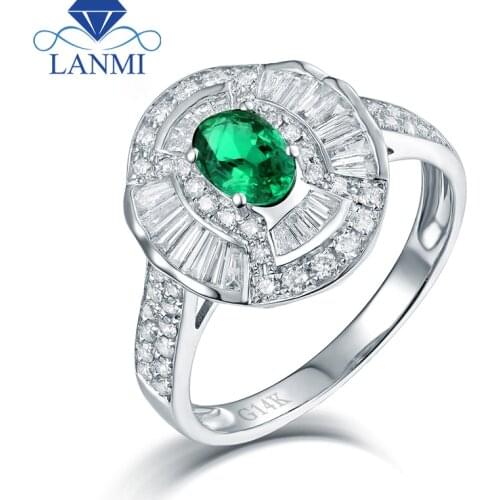Solid 14K White Gold Natural Round Baguette Diamond Green Colombia Emerald Promised Rings for Engagement Fine Jewelry