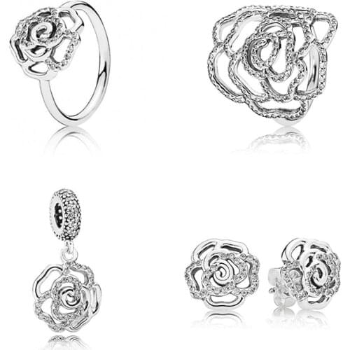 High-quality new S925 silver rose earrings ring pendant set, exquisite and fashionable jewelry to send ladies bracelet jewelry