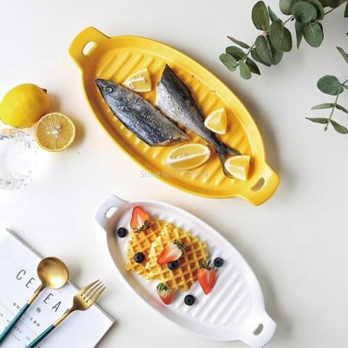 Creative Double Ear Fish Plate Nordic Cheese Baked Rice Plate Household CeramicDish Oven Suitable for Microwave Oven Baking Tray