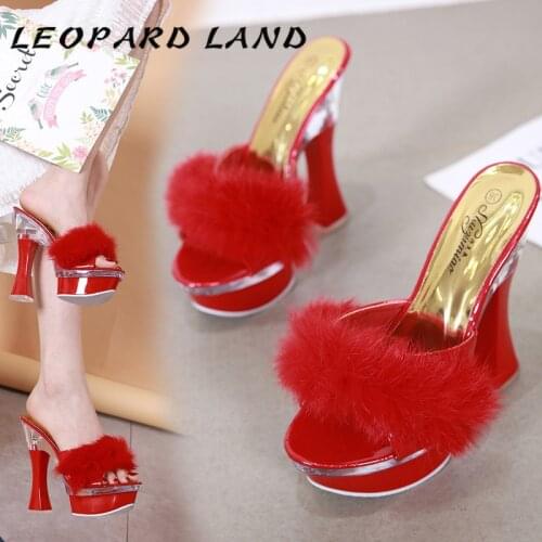 LEOPARD LAND 14CM Rabbit Hair Thick Heel Sandals Women Summer Waterproof Platform Anti-skid Bottom Feeling Shoes LFD-10365-11