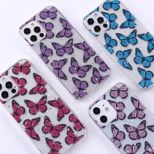 Cute Cartoon Ins Butterfly Glitter Phone Cases For iPhone 12 11Pro Max XR XS Max X 8Plus Soft Transparent Back Cover