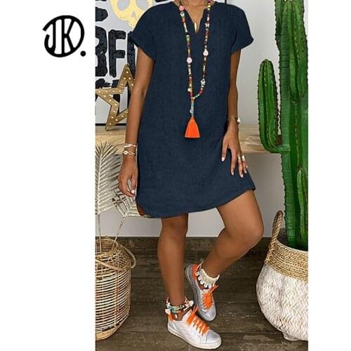 Fashion Pure Color Short-sleeved Dress Ladies Casual V-neck Plus Size Mini Dresses New Cotton And Linen Loose Beach Female Dress