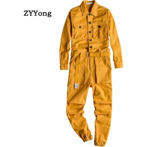Mens Jumpsuit Lapel Long Sleeve Multi-Pocket Ankle Length Beam Feet Overalls Fashion Streetwear Freight Trousers Cargo Pants