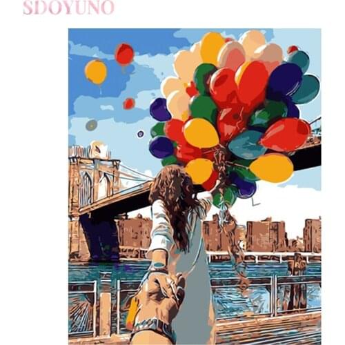SDOYUNO DIY painting by numbers with frame acrylic paint set balloon girl landscape picture by number HandPainted for Home Decor