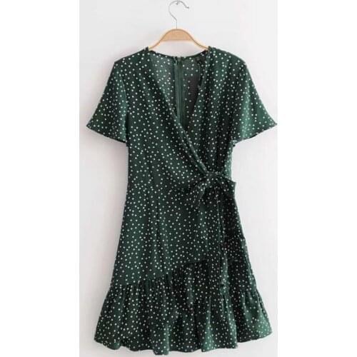 2021 New Women Summer Dark Green Polka Dots Mini Dress Retro Vintage Ruffles Wrap Dress
