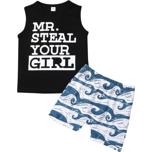 New Arrivels Baby Boy Girl Casual Tee Tops T-shirt Wave Shorts Pants Outfit Set Summer Newborn Kids Letter 2PCS