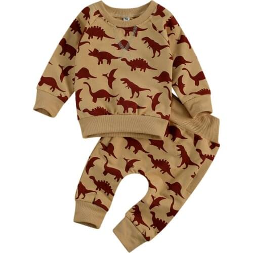 0-3Y Autumn Baby Boys Clothes Sets Cartoon Dinosaur Print Long Sleeve Pullover Sweatshirt Tops Pants 2pcs Outfits