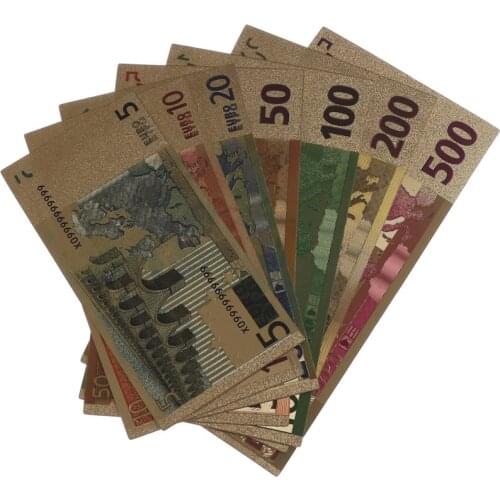 7pcs Euros Commemorative Banknote 5-500Dollar 24K Gold Plated Fake Money Notes Collection Souvenir Antique Plated Decoration