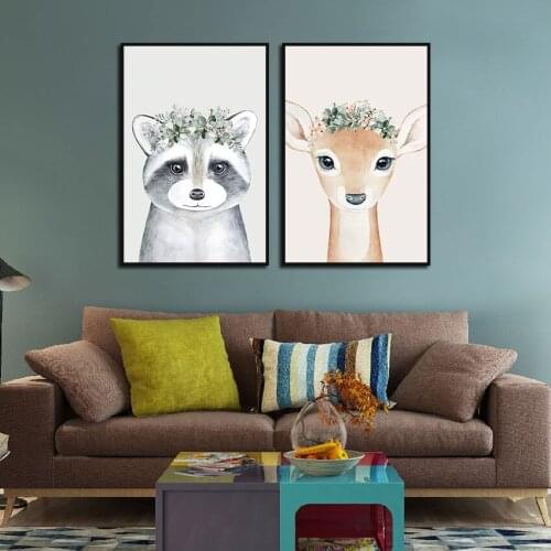 Cartoon Animal Poster In Nursery Wreath Deer Canvas Painting Children Room Decoration Picture Wall Art for Kids Room