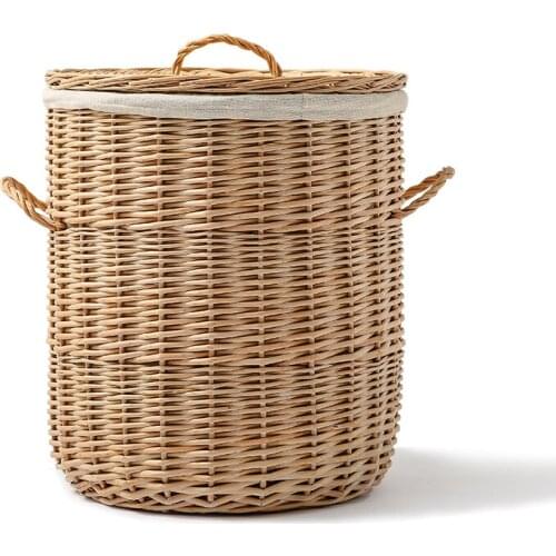 Zq Natural Willow Rattan Woven round Laundry Basket Basket with Lid Storage Basket Clothing Storage