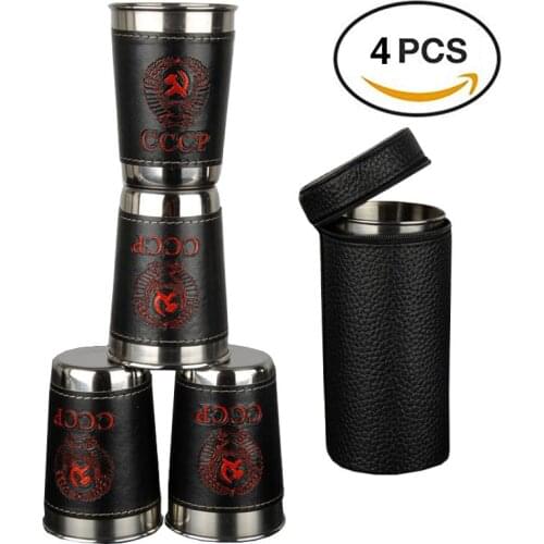 4Pcs/Lot 170ml Outdoor Tableware Travel Cups Set Stainless Steel Camping Cup with Black PU Leather Portable wine Whiskey Mugs