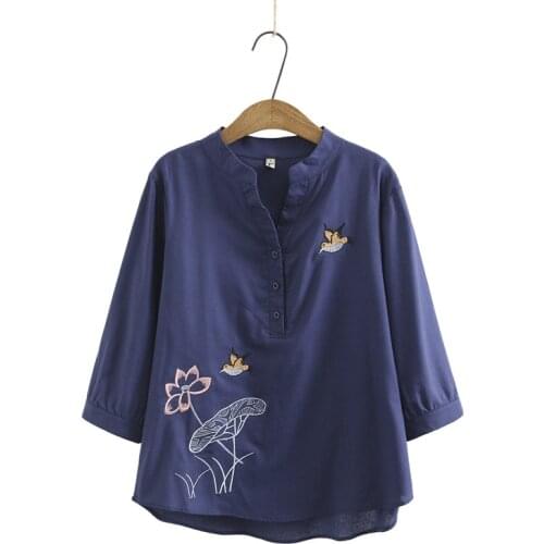Plus Size 3/4 Sleeve Embroidery Tops Womens Vintage Blouse Ladies' Officewear A-line Blusas
