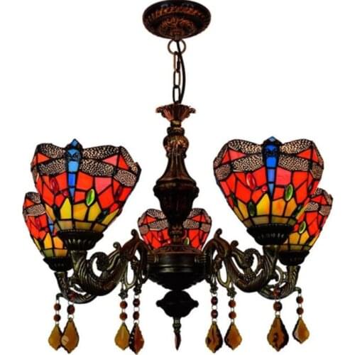 Retro Tiffany Glass Led Pendant Light for Restaurant Foyer Dining Room Bar American Country Dragonfly Glass Suspension 1209