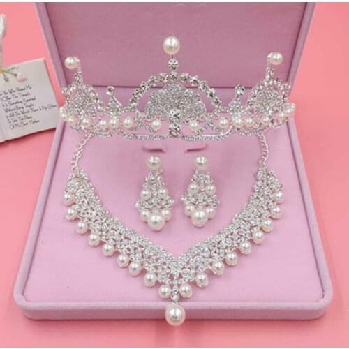 Luxury Silver Color Wedding Hair Accessories Pearl Rhinestone Crowns Tiaras Set Bridal Necklace Earring Sets Women Hair Jewelry
