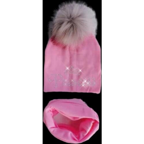 Infant Hat childrens princess diamond Baby Hat pom pom Girl Boy Cap Kids cotton Beanie bonnet Children Collar Scarf set cap