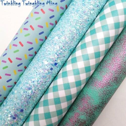 Blue Glitter leather, Sprinkles Plaids Printed Synthetic Leather Faux Fabric Sheet For Bow 21x29CM Twinkling Ming KM379