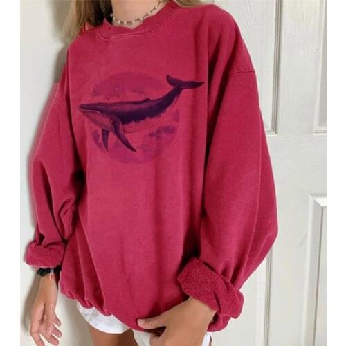 Whale Fish Print Harajuku Sweatshirts For Women Casual Loose Crewneck Oversized Hoodies Ladies Streetwearhip Hop Blouse Moletom