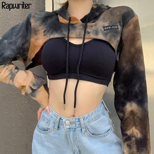 Letter Embroidery Tie Dye Oversize Cropped Hoodie Women 2020 Autumn Long Sleeve Sweatshirt Harajuku Drawstring Tops Rapwriter