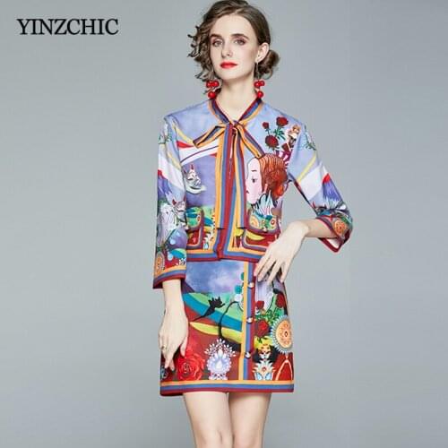 Spring Woman Two-pieces Suit Bow-neck Coat + A-line Short Skirt Sets for Office Lady Vintage Printed Shirt Skirt Suits Woman New