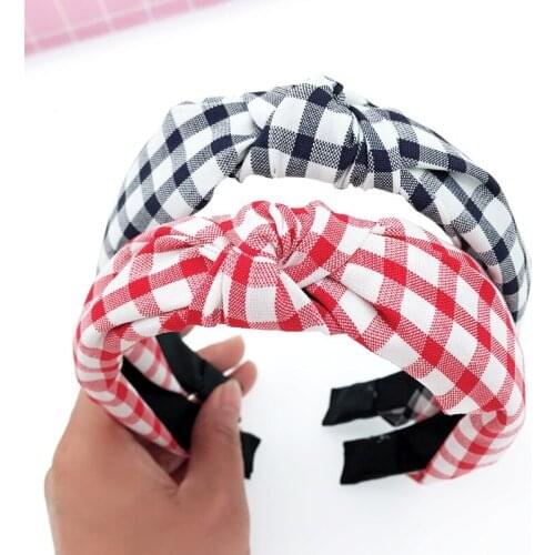 YVLAH 1Pc Headdress Simple Knotted Headband Wild Cloth Lattice Wide Handmade For Women