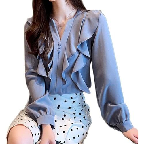 2021 Spring Fashion Chiffon Shirts Women V-Neck Ruffles Women Long Sleeve Shirts Women Tops and Blouses Pullover Blusas
