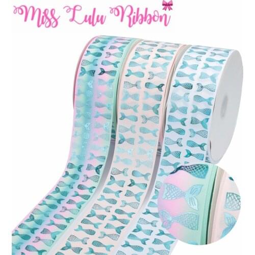 3"75mm Mermaid Tail Hologram Green Foil Printed Rainbow Gradient Color Printed Grosgrain Ribbon DIY Hair Bowknots 50yards/roll
