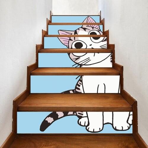 Print Art Picture 3D Stair Sticker DIY Cartoon Cat Cute Home Decor Decals Self Adhesive Waterproof Mural For Bedroom Renovation