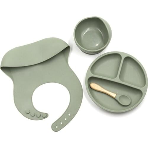 4pcs/set BPA Free Baby Silicone Tableware Waterproof Bib Solid Color Dinner Plate Sucker Bowl And Spoon For Children