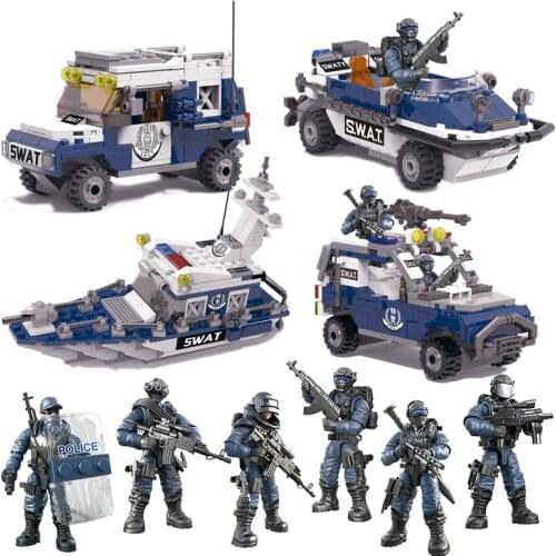 Mega Bloks SWAT Special Police Sea and Land Surprise Attack Armored Vehicle Cruise Speedboat Action Figures Model Blocks Toys