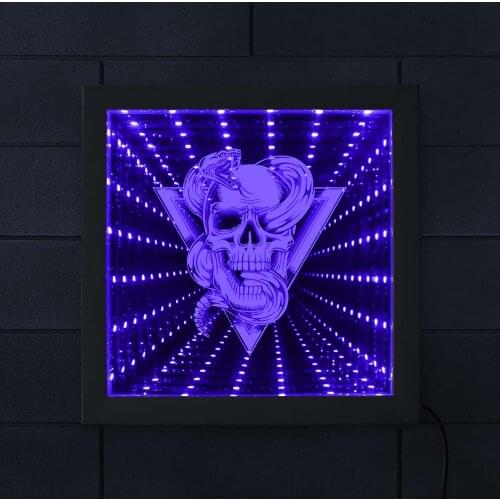 Skull With Rattlesnake Totem Emblem Infinity Mirror Frame Mesmerizing Illusion Tunnel Lamp Snake Through Skull Lighted Mirror