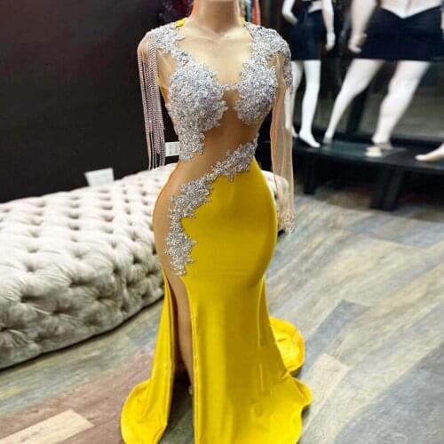High Split Long Mermaid Yellow Prom Dress With Illusion Sleeve Tassel Plus Size African Evening Gowns Graduation Gala Dresses