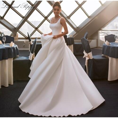 Lceland Poppy Elegant A Line Square Neck Satin Wedding Dresses Sleeveless Floor Length Backless Bridal Gowns Vestido de Noiva