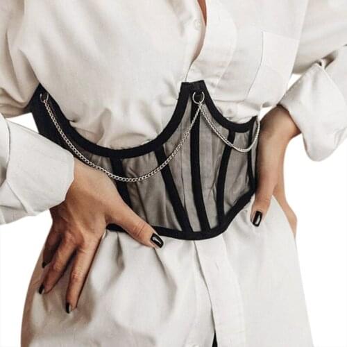 Gothic Punk Metal Chain Black Mesh Corset Underbust Bustiers Harajuku Vintage See-Through Lace-Up Waist Belt Shaper Cincher for